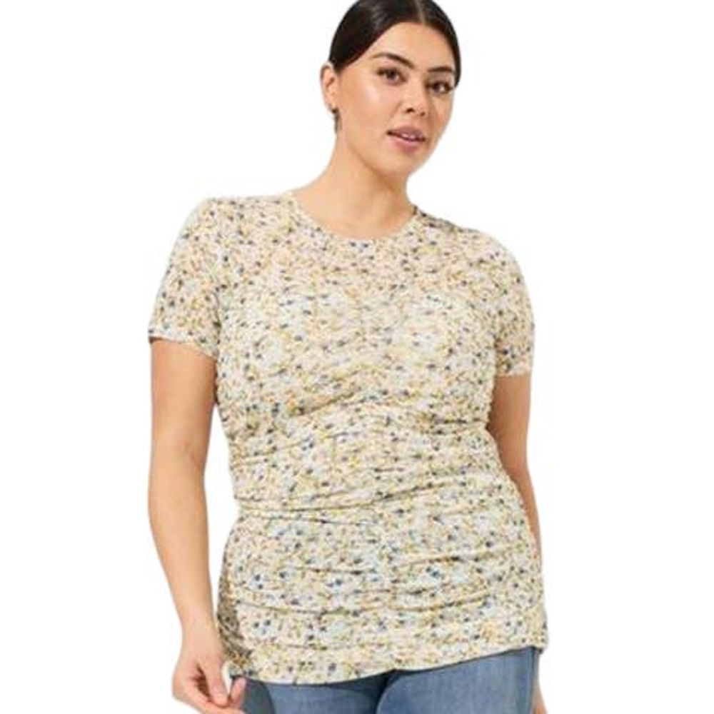 New Torrid Womans 3 3X Plus Stretch Mesh Blouse Ruched Top Ditsy Floral NWT